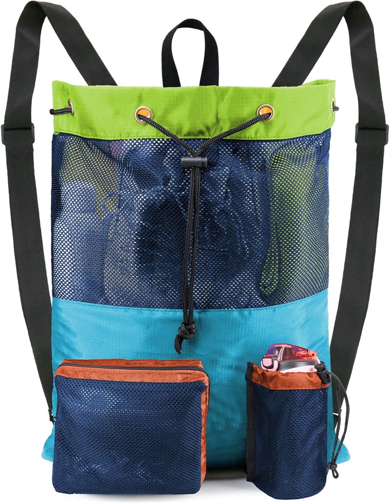 BeeGreen Gym Bags for Men Women Mesh Drawstring Backpack for Swim Sports Workout Gear Gifts for Swimmers Beach Pool Wrestling Backpack Cinch Bag With 3 Pockets Green Blue - Image 1